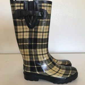 Mustard Yellow & Black Plaid Rain Boots